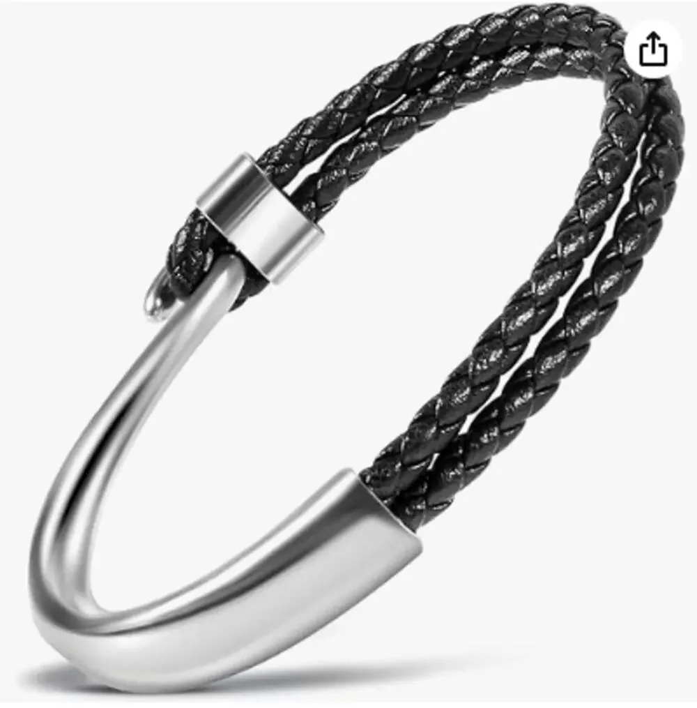 Men's Braided Leather Nautical Hook Bracelet Black Silver 8.3